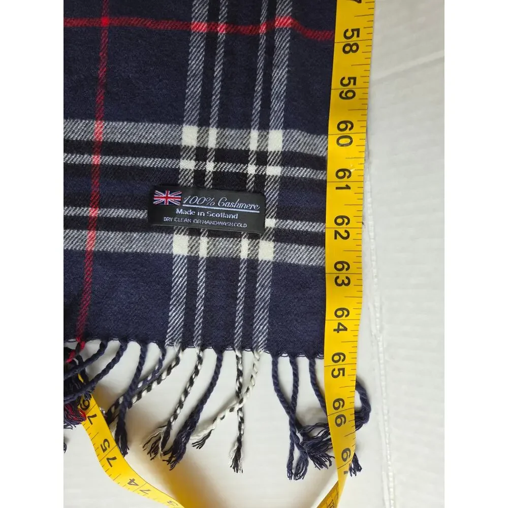 100% Cashmere Scarf Made in Scotland Navy Plaid Fringe 65